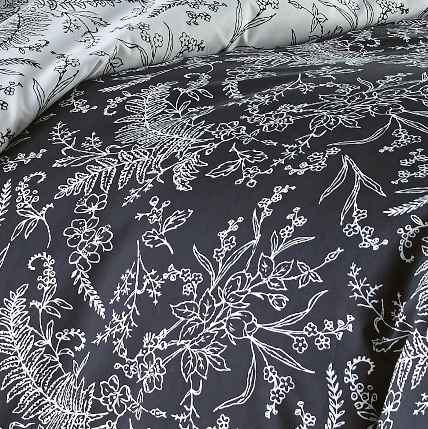 Details and Print Pattern of Wild Winter Reversible Comforter Set in Black#color_wild-winter-black-with-white-flowers