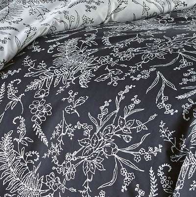 Details and Print Pattern of Wild Winter Reversible Comforter Set in Black#color_wild-winter-black-with-white-flowers