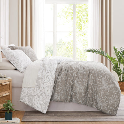 Side View of Wild Winter Reversible Comforter Set in Warm Sand#color_wild-winter-warm-sand-with-white-flowers
