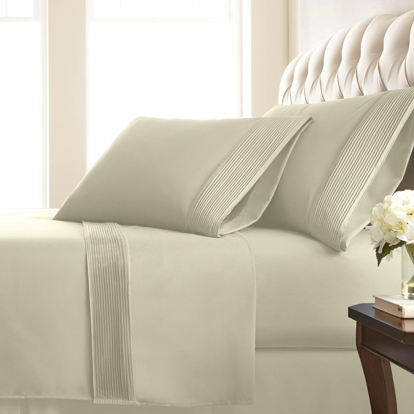 110 GSM Pleated Sheet Set in off white