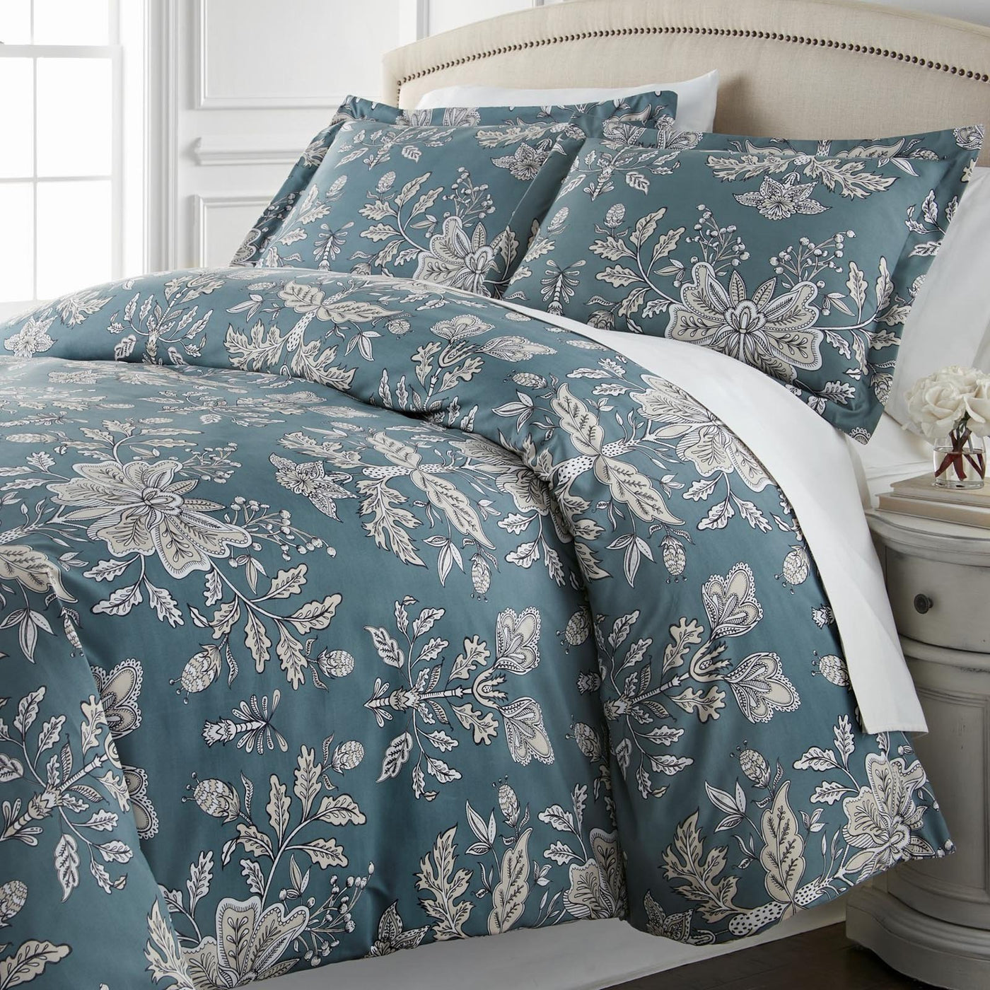 Angled View of Baronessa Duvet Cover Set in Blue#color_baronessa-smokey-blue