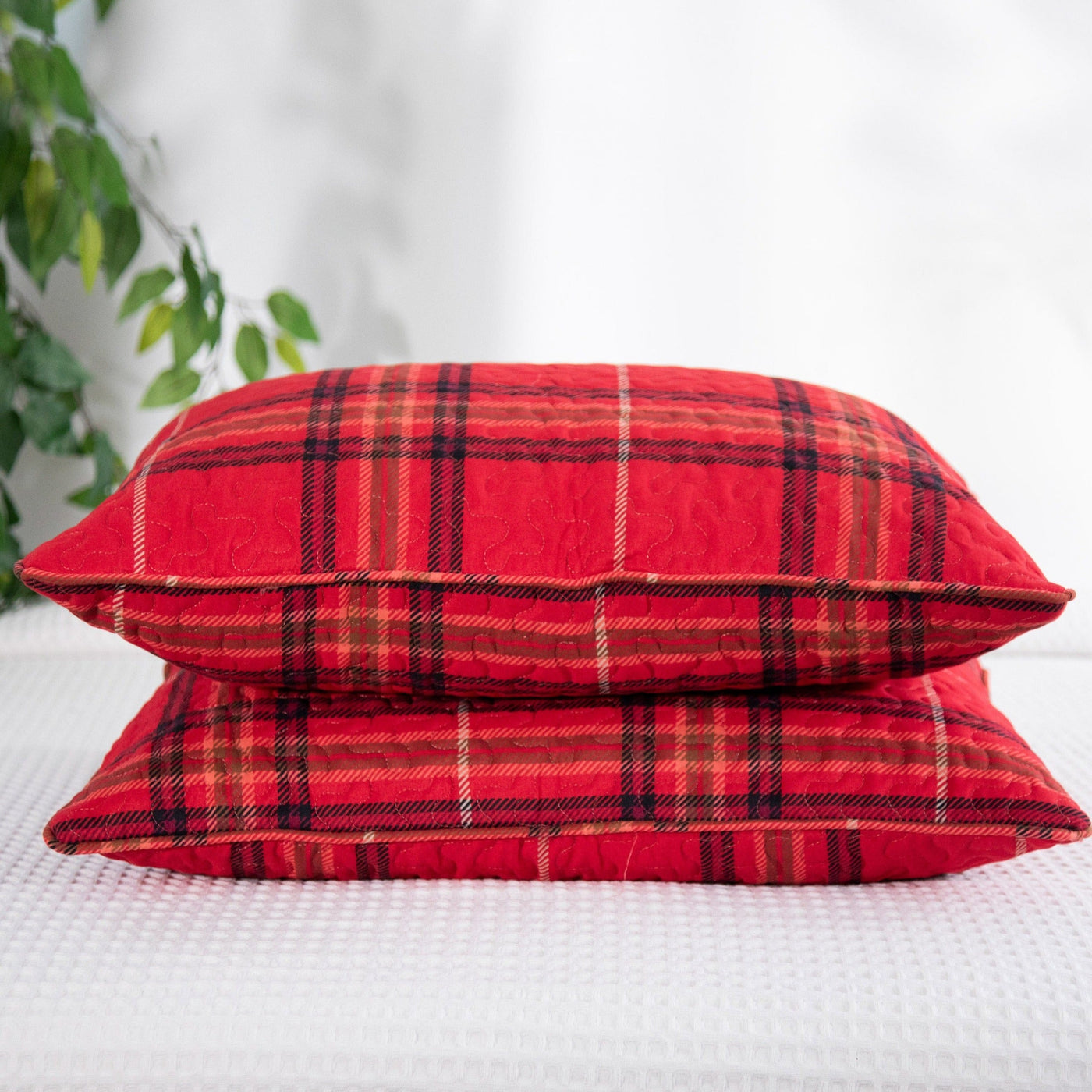 Two Vilano Plaid Quilted Shams in Red Stack Together#color_all