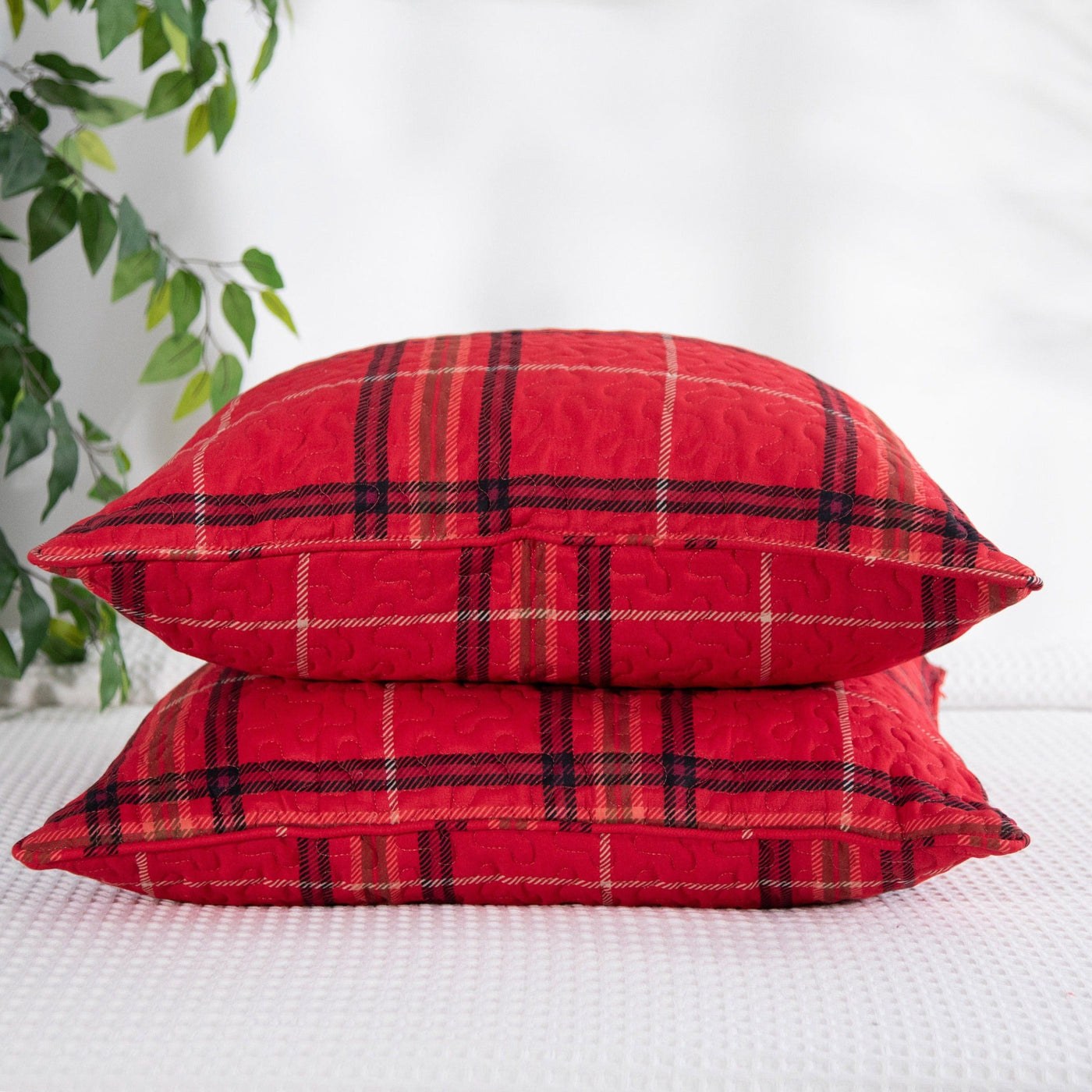 Two Vilano Plaid Quilted Shams in Red Stack Together#color_all