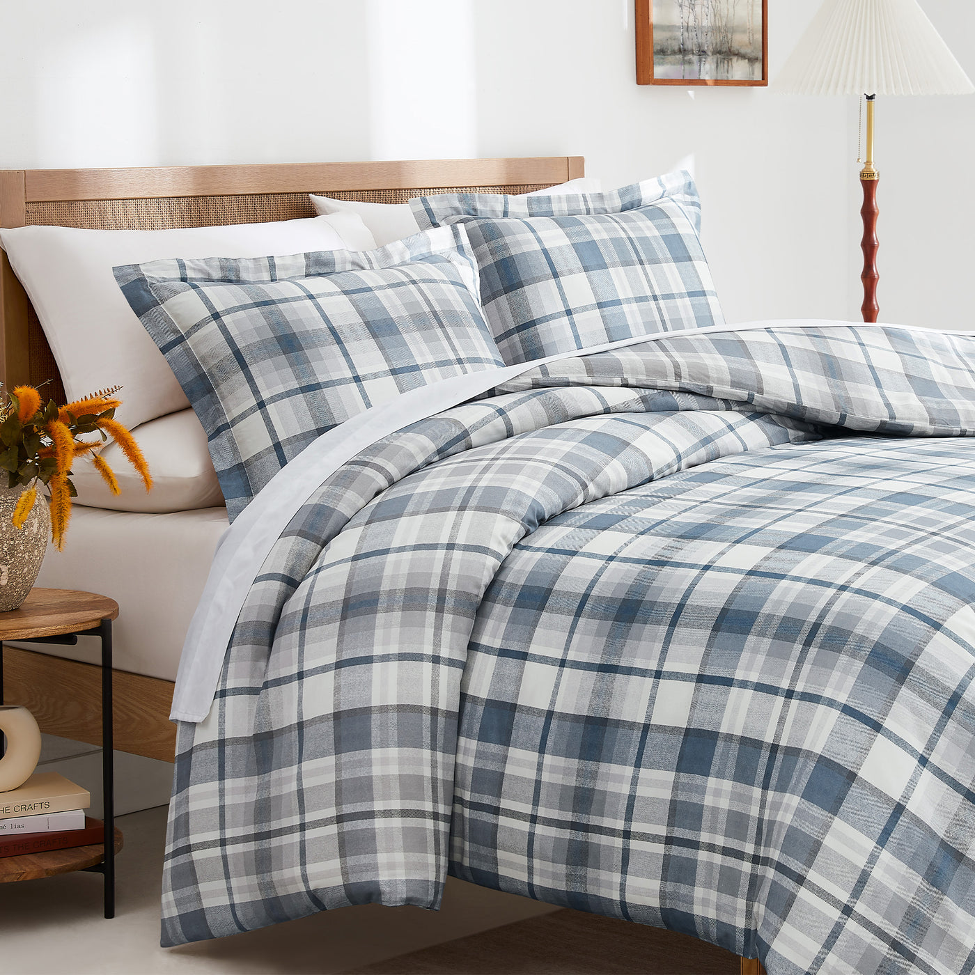 Angled View of Highland Cotton Duvet Cover Set in Blue#color_highland-blue