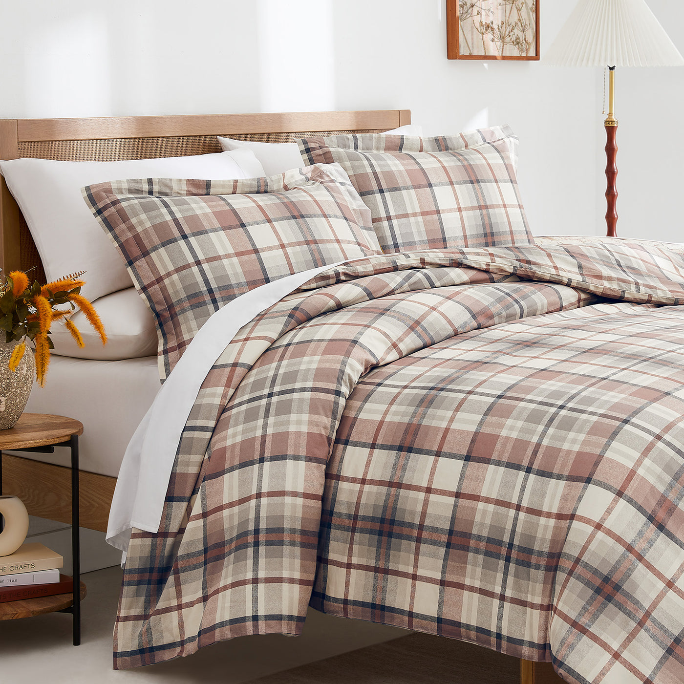 Angled View of Highland Cotton Duvet Cover Set in Rust #color_highland-rust