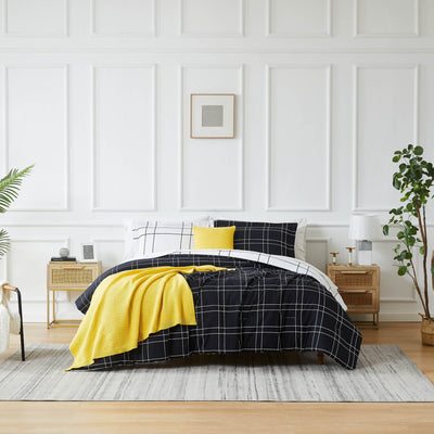 Front View of Urban Grid 5-Piece Duvet Cover Set in black#color_urban-grid-black