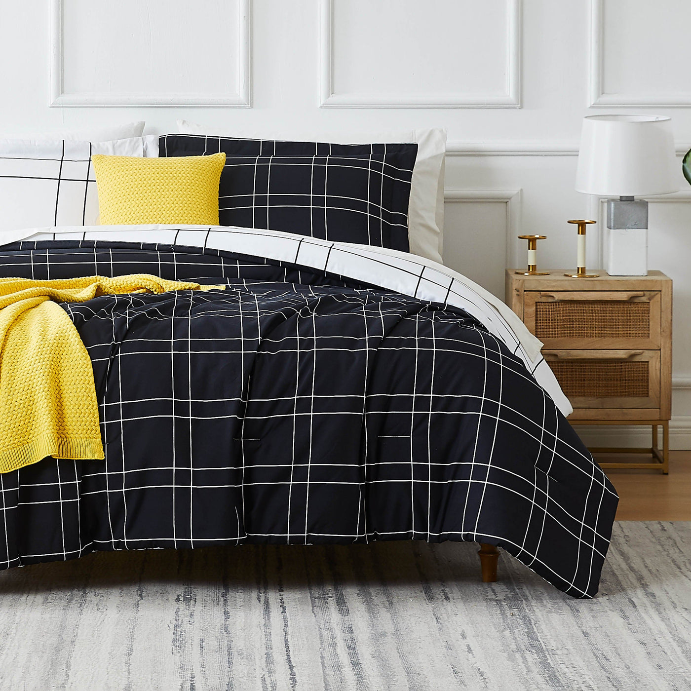 Front View of Urban Grid 5-Piece Duvet Cover Set in black#color_urban-grid-black