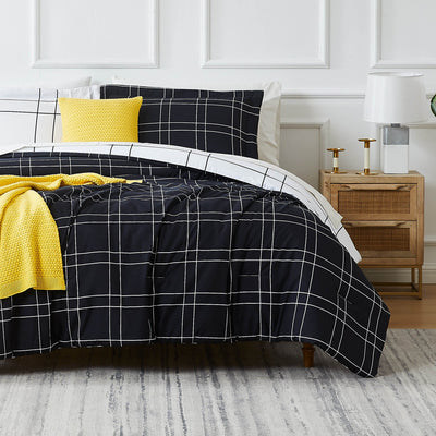 Front View of Urban Grid 5-Piece Duvet Cover Set in black#color_urban-grid-black