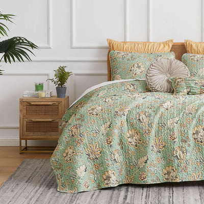 Front View of Jacobean Willow Oversized 7-Piece Quilt Set in green#color_jacobean-willow-green