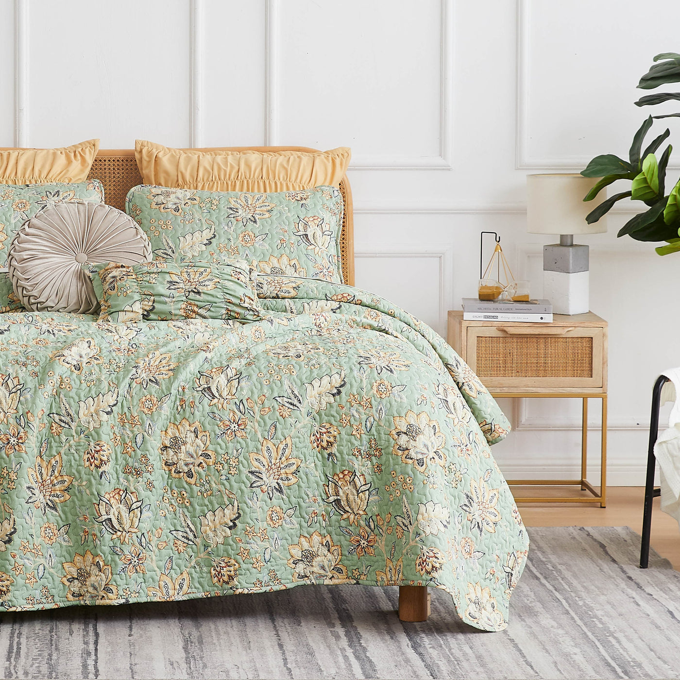 Front View of Jacobean Willow Oversized 7-Piece Quilt Set in green#color_jacobean-willow-green