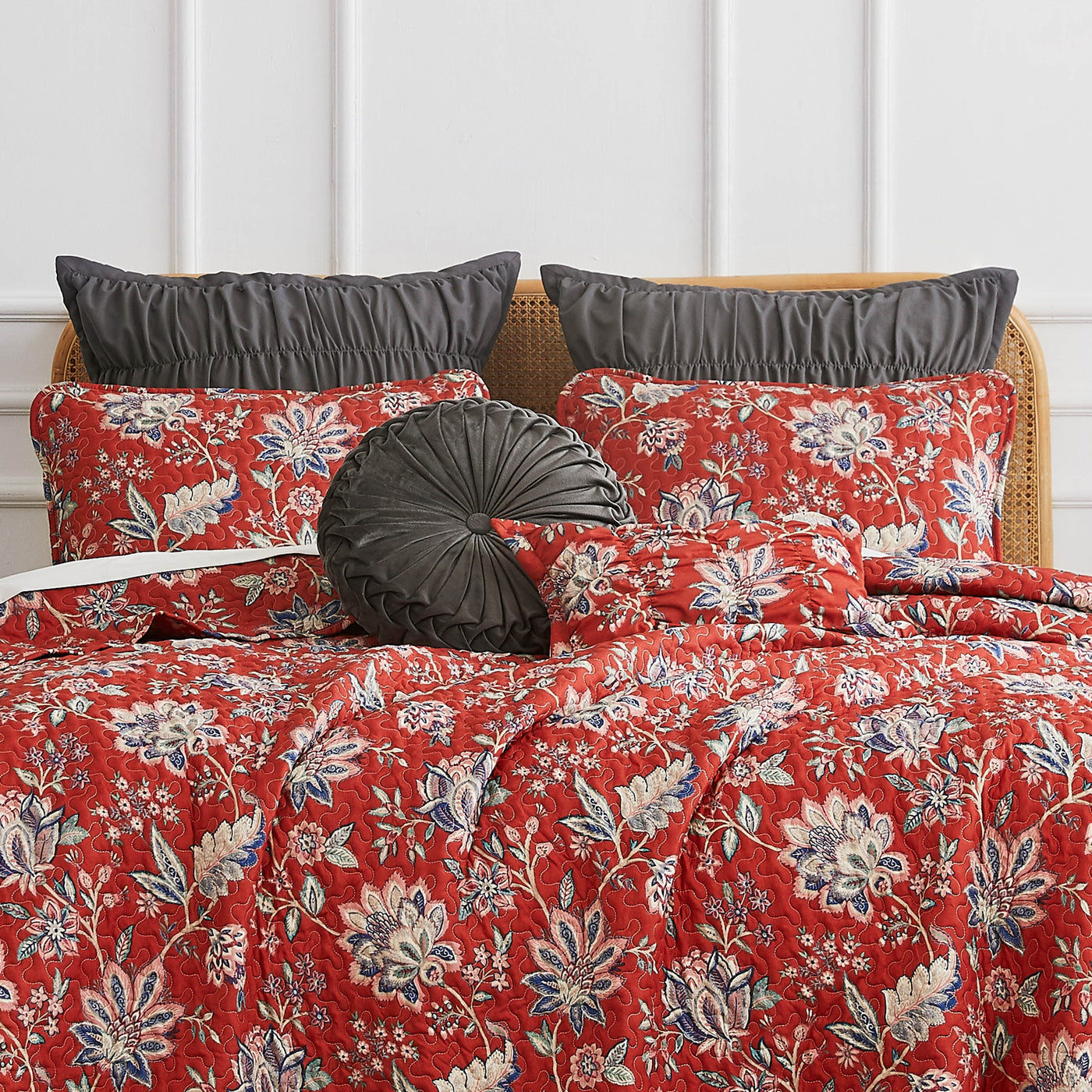 Front View of Jacobean Willow Oversized 7-Piece Quilt Set in Red#color_jacobean-willow-red