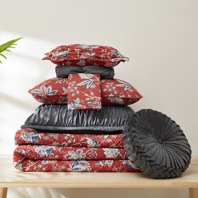 Stack Image of Jacobean Willow Oversized 7-Piece Quilt Set in Red#color_jacobean-willow-red