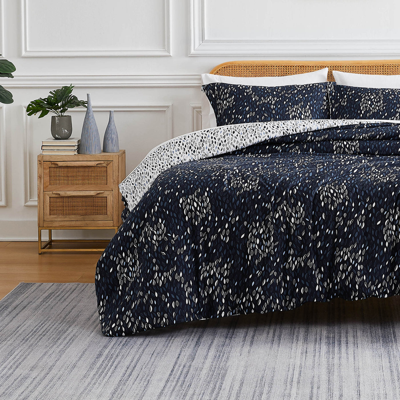 Front View of Fall for Me Reversible Comforter Set in Blue#color_fall-for-me-blue