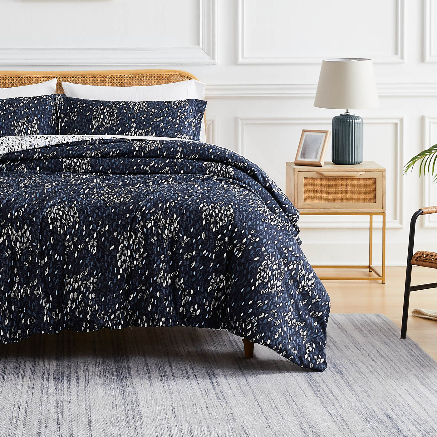 Front View of Fall for Me Reversible Comforter Set in Blue#color_fall-for-me-blue