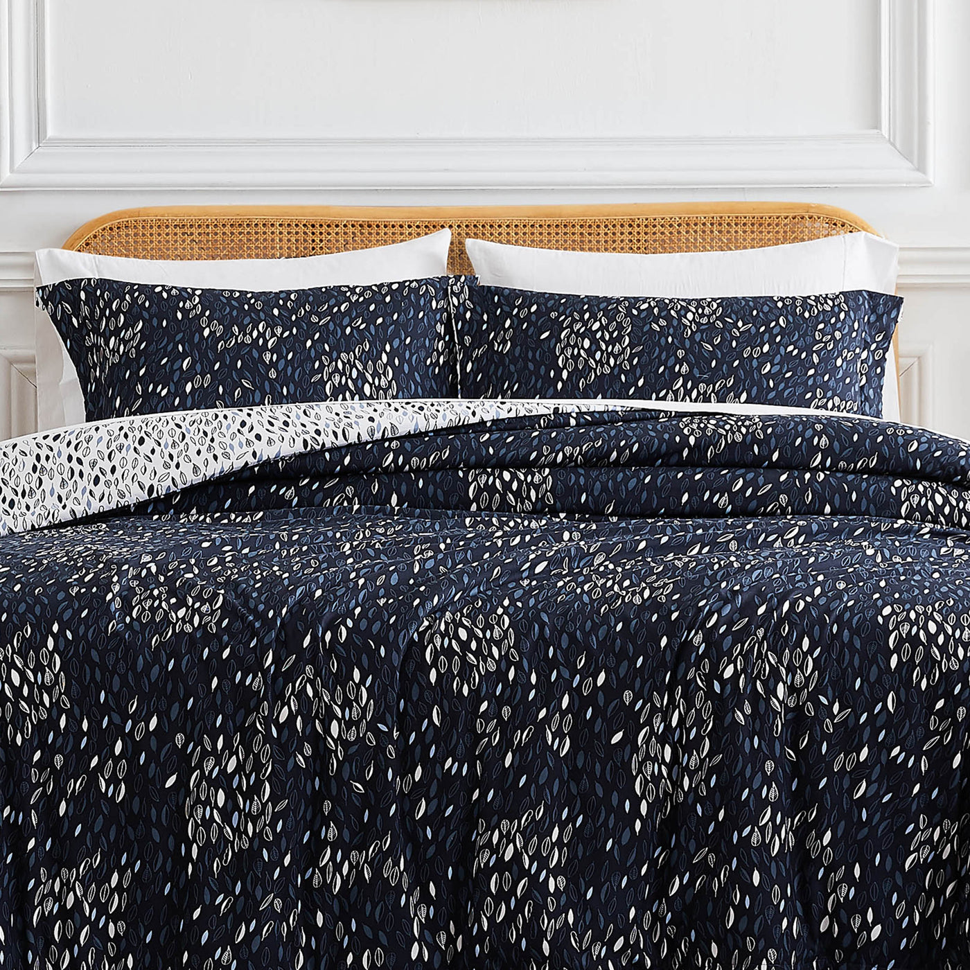 Front View of Fall for Me Reversible Comforter Set in Blue#color_fall-for-me-blue