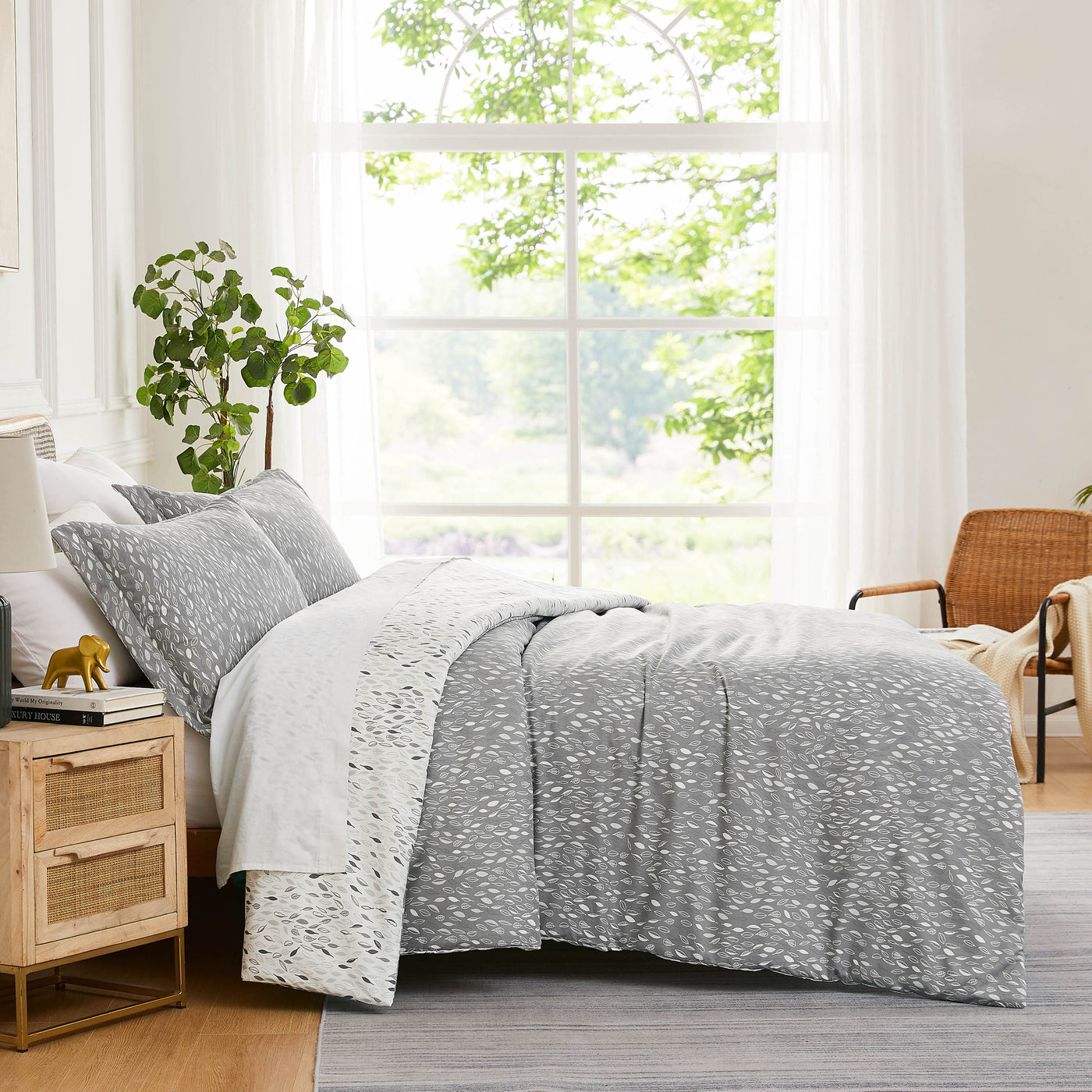 Side View of Fall for Me Reversible Comforter Set in Grey#color_fall-for-me-grey