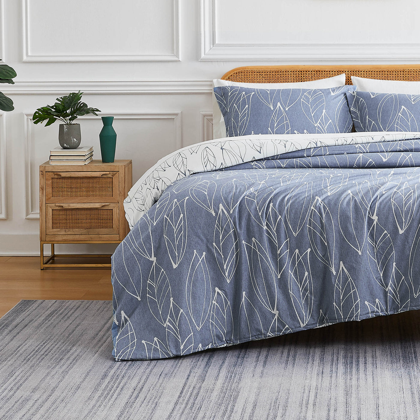 Front View of Contemporary Leaves Reversible Comforter Set in Blue#color_contemporary-leaves-blue