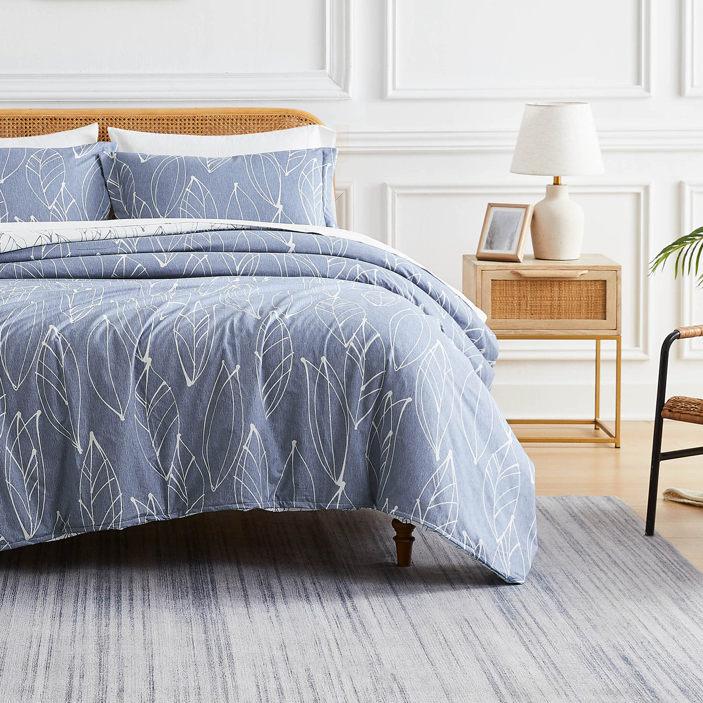 Front View of Contemporary Leaves Reversible Comforter Set in Blue#color_contemporary-leaves-blue