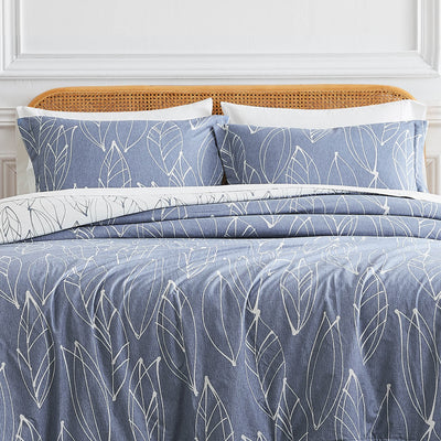 Front View of Contemporary Leaves Reversible Comforter Set in Blue#color_contemporary-leaves-blue