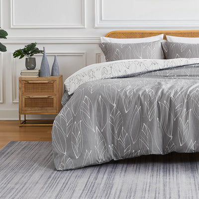 Front View of Contemporary Leaves Reversible Comforter Set in Grey#color_contemporary-leaves-grey