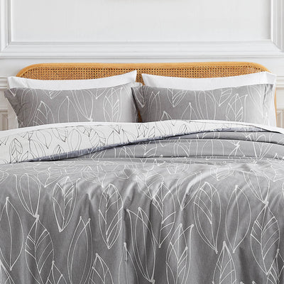 Front View of Contemporary Leaves Reversible Comforter Set in Grey#color_contemporary-leaves-grey