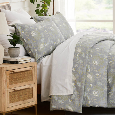 Side View of Terra Flora Down Alternative Comforter Set in Steel Blue#color_terra-flora-steel-blue