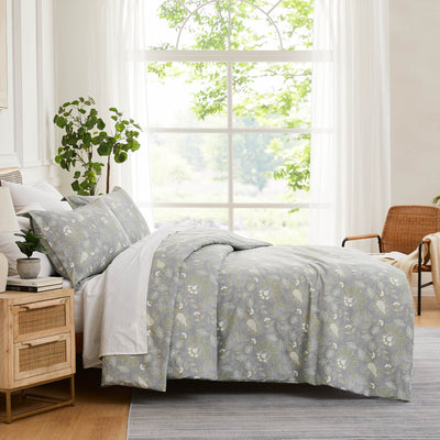 Side View of Terra Flora Down Alternative Comforter Set in Steel Blue#color_terra-flora-steel-blue