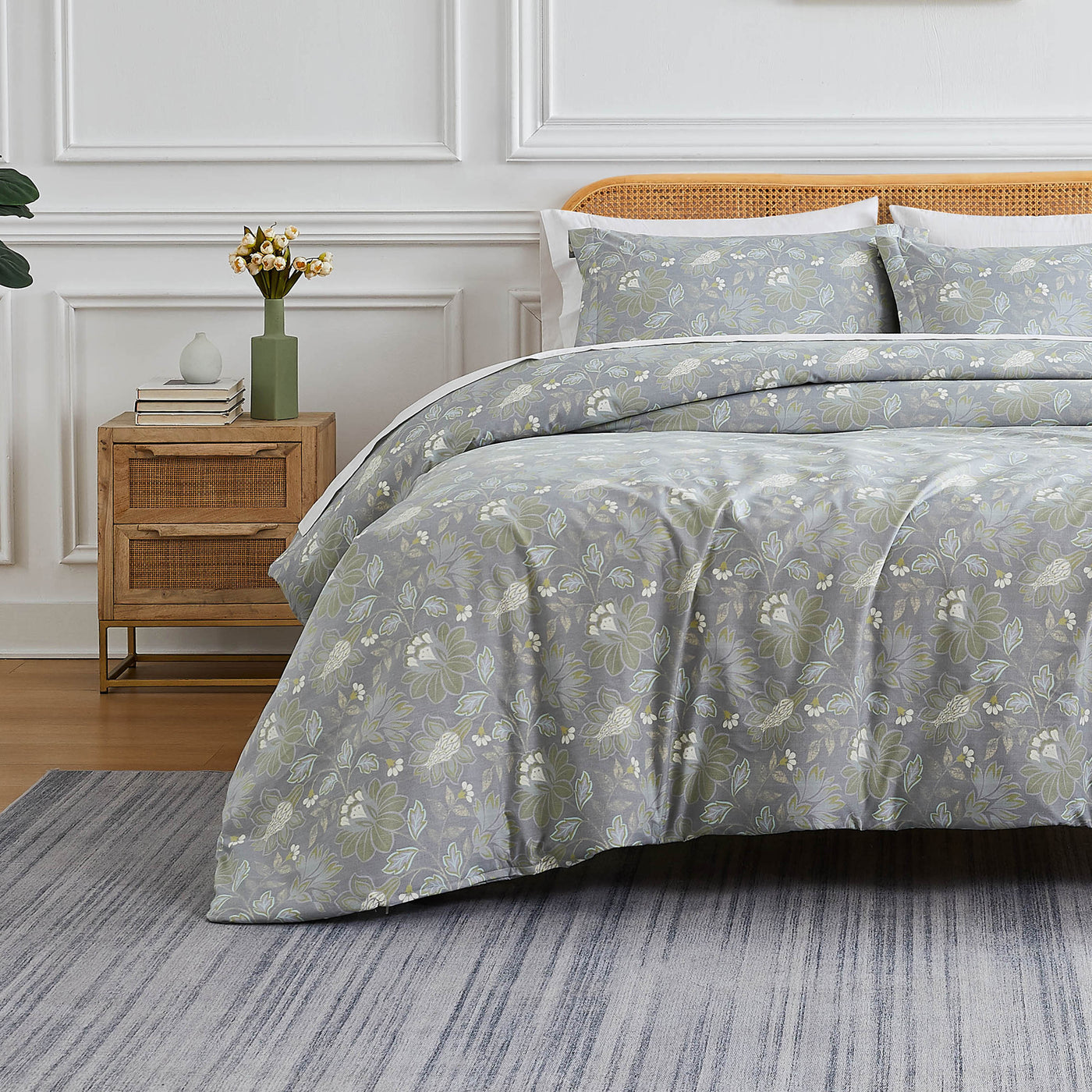 Front View of Terra Flora Down Alternative Comforter Set in Steel Blue#color_terra-flora-steel-blue