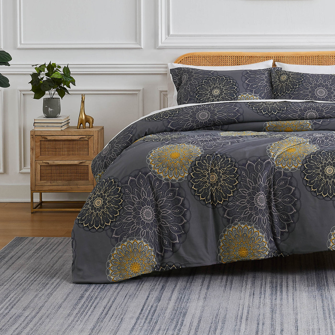 Front View of Dahlia Comforter Set in Black#color_dahlia-black