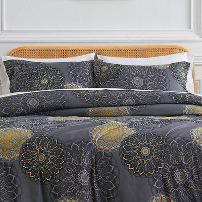 Front View of Dahlia Comforter Set in Black#color_dahlia-black