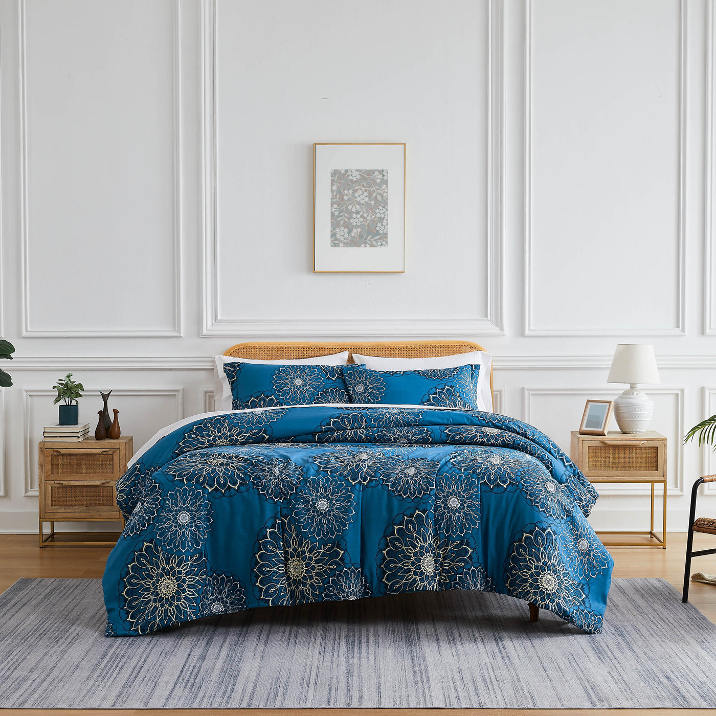 Front View of Dahlia Comforter Set in Blue#color_dahlia-blue