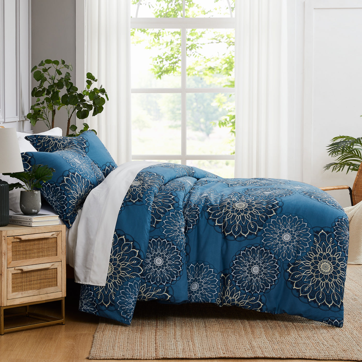 Side View of Dahlia Comforter Set in Blue#color_dahlia-blue