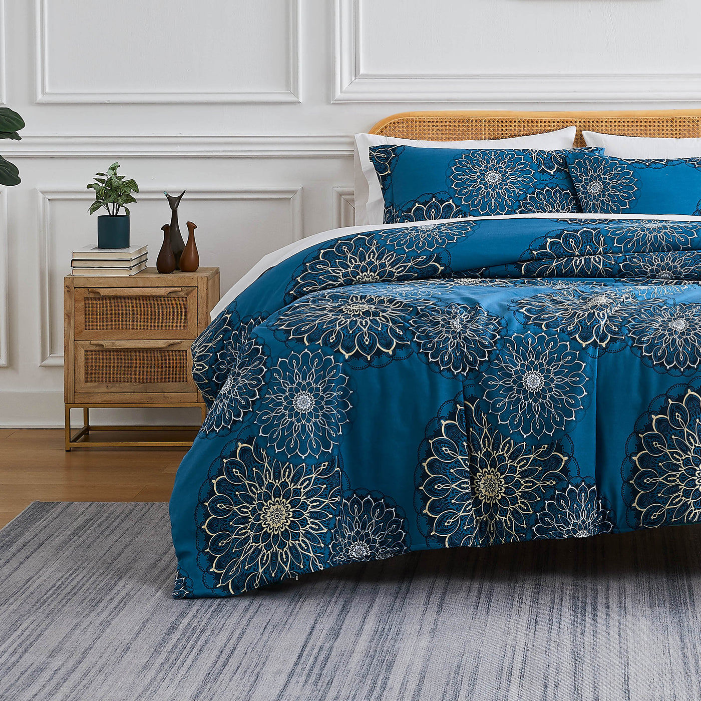 Front View of Dahlia Comforter Set in Blue#color_dahlia-blue