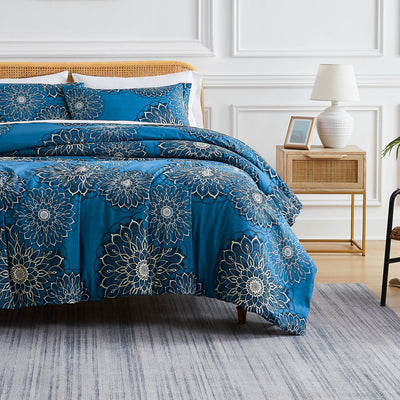 Front View of Dahlia Comforter Set in Blue#color_dahlia-blue