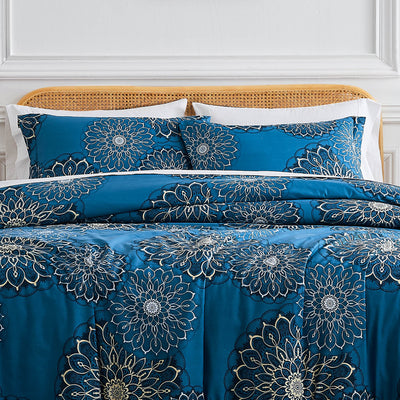 Front View of Dahlia Comforter Set in Blue#color_dahlia-blue