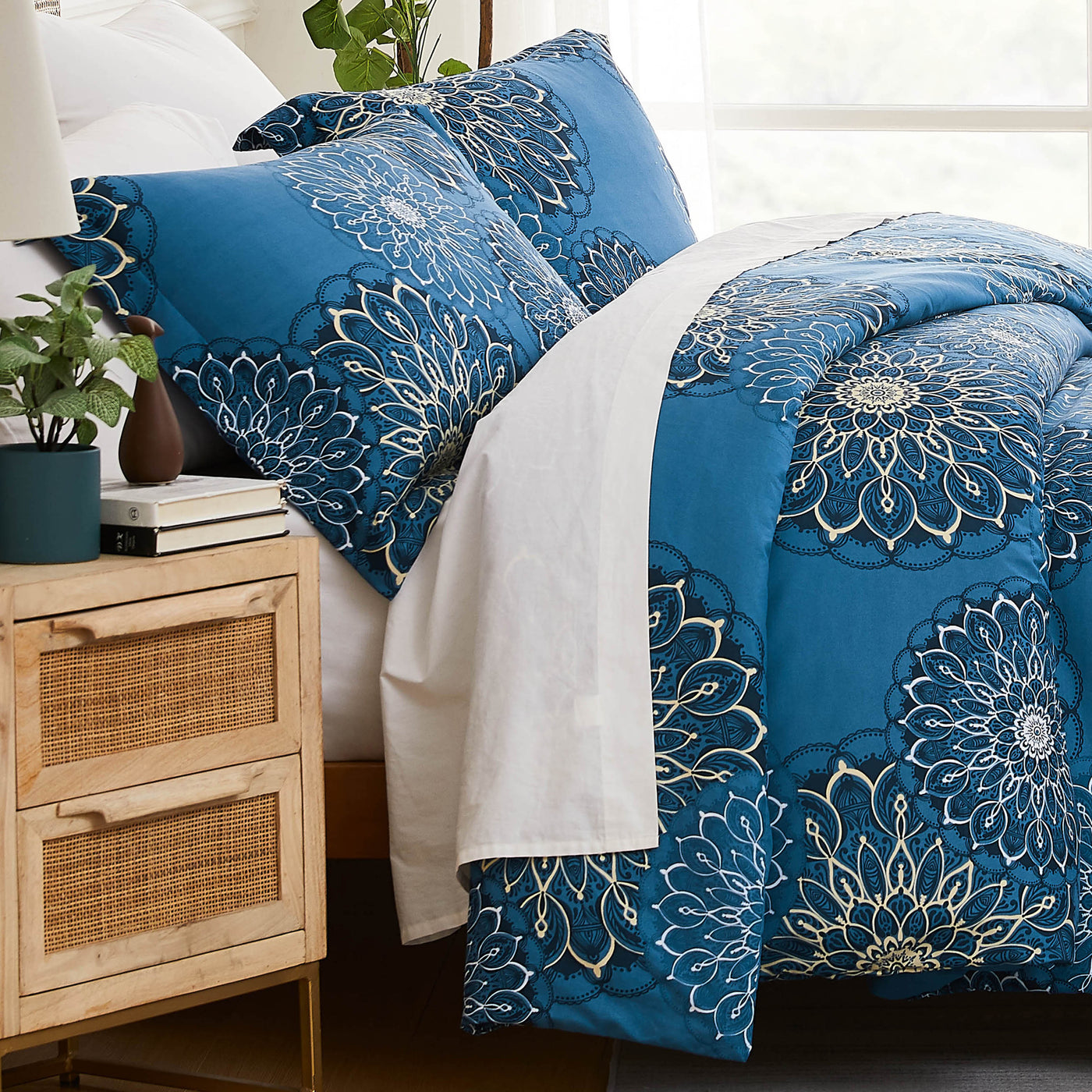 Side View of Dahlia Comforter Set in Blue#color_dahlia-blue