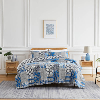 Front View of World Song Comforter Set in Blue#color_world-song-blue