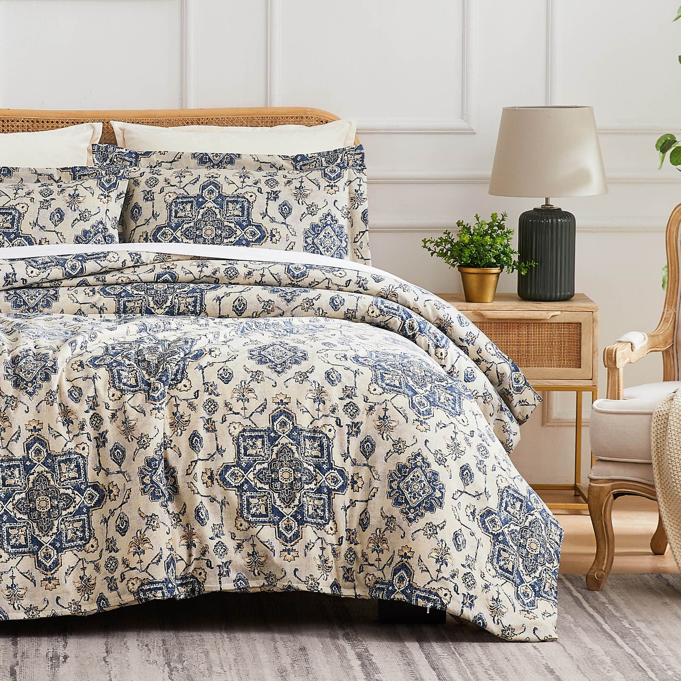 Front View of Persia Oversized Comforter Set in indigo#color_persia-indigo