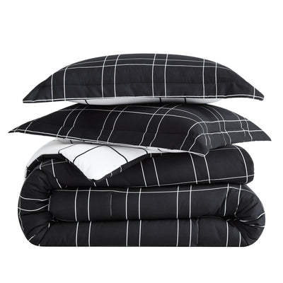 Stack Image of Modern Check Reversible Down Alternative Comforter Set in Black #color_modern-check-black