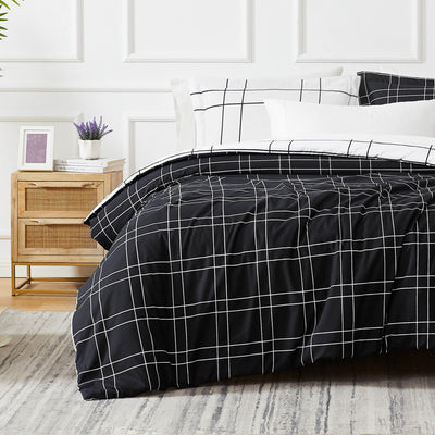 Front View of Modern Check Reversible Down Alternative Comforter Set in Black #color_modern-check-black