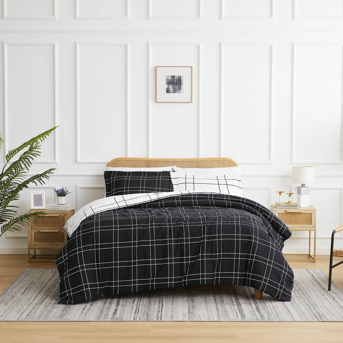 Front View of Modern Check Reversible Down Alternative Comforter Set in Black #color_modern-check-black