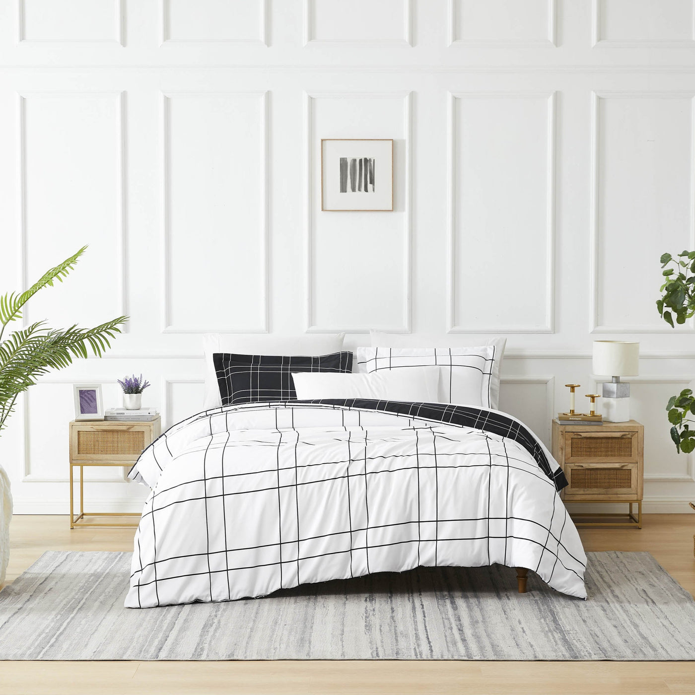 Front View of Modern Check Reversible Down Alternative Comforter Set in Black #color_modern-check-black