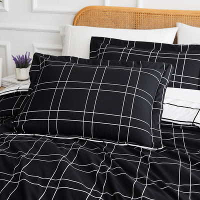 Details and Prints of Modern Check Reversible Down Alternative Comforter Set in Black #color_modern-check-black