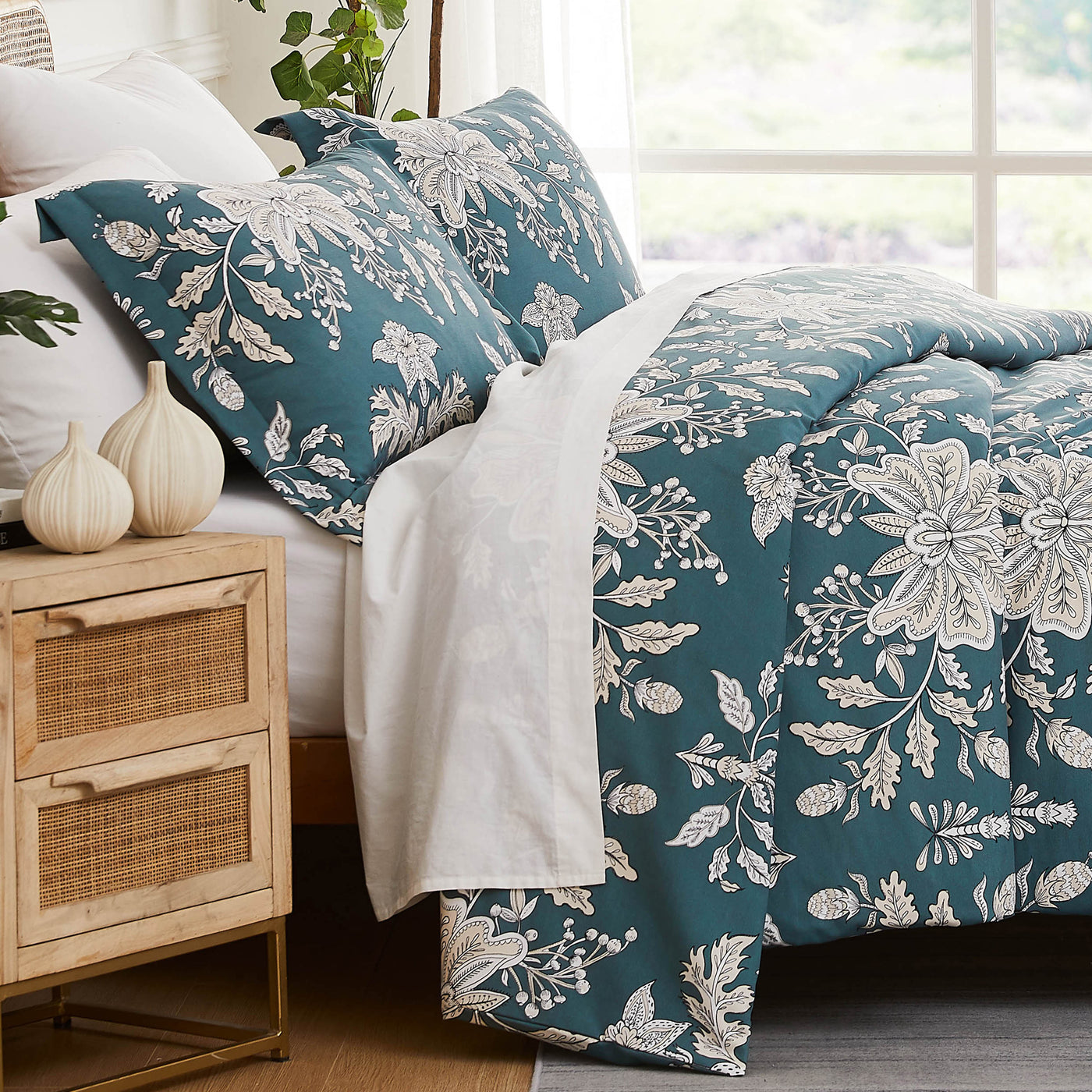 Side View of Baronessa Down Alternative Comforter Set in Blue#color_baronessa-smokey-blue