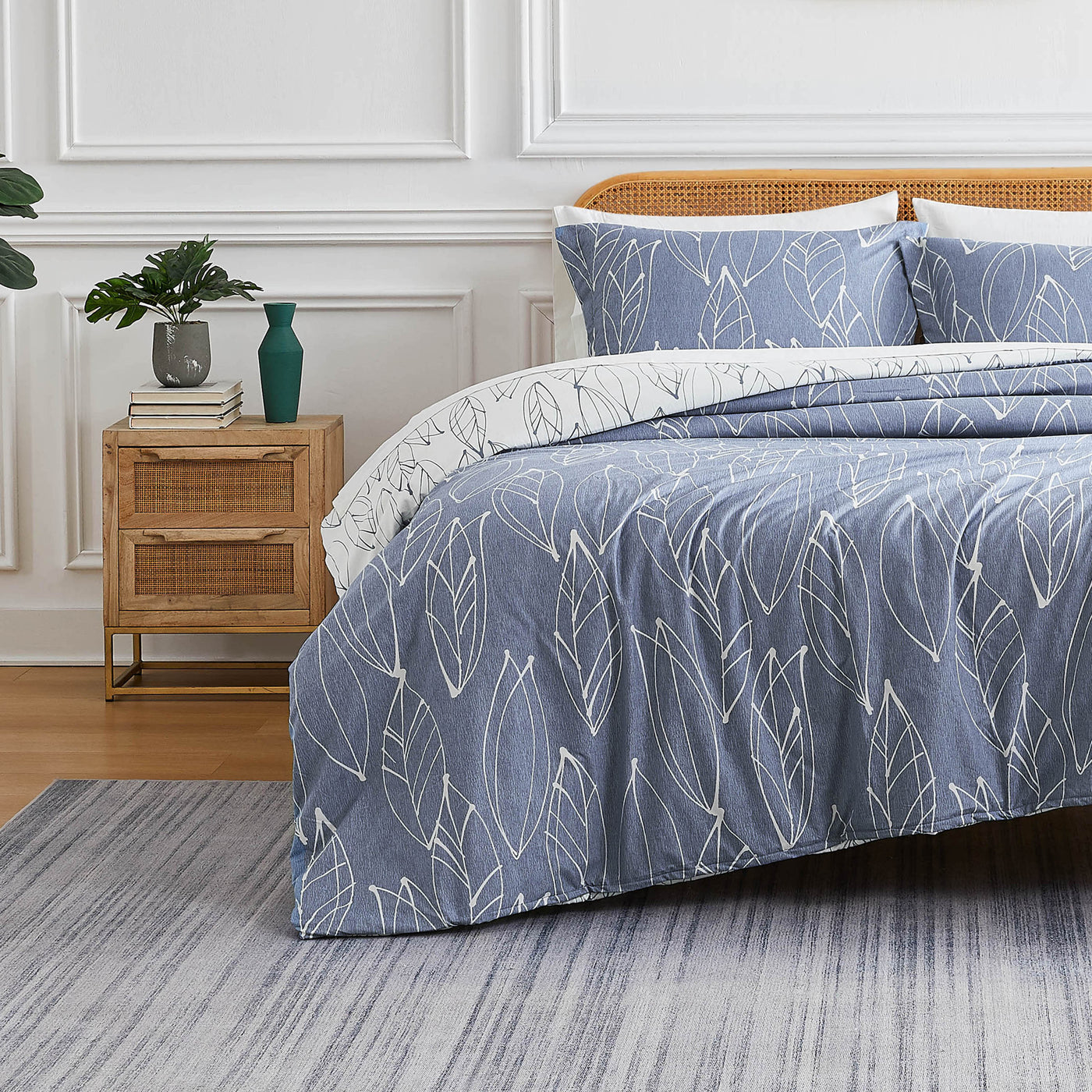 Front View of Contemporary Leaves Reversible Duvet Cover Set in Grey#color_contemporary-leaves-blue