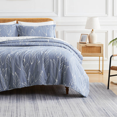 Front View of Contemporary Leaves Reversible Duvet Cover Set in Grey#color_contemporary-leaves-blue