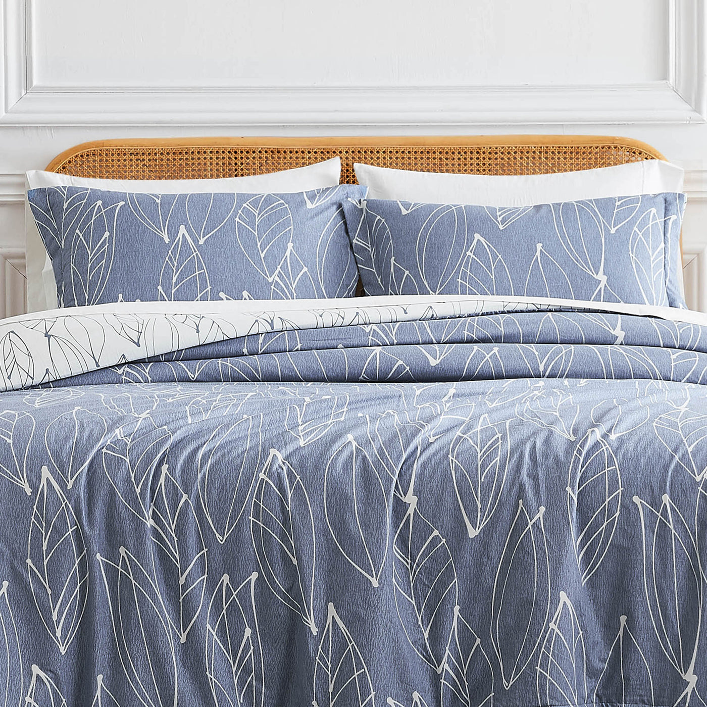 Front View of Contemporary Leaves Reversible Duvet Cover Set in Grey#color_contemporary-leaves-blue