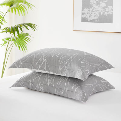 Detailed Shams Image of Contemporary Leaves Reversible Duvet Cover Set in Grey#color_contemporary-leaves-grey