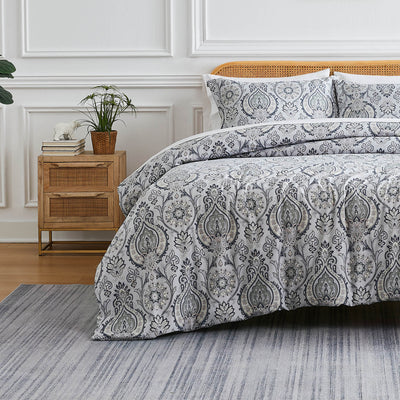 Front View of Majestic Paisley Duvet Cover Set in Grey#color_majestic-paisley-grey