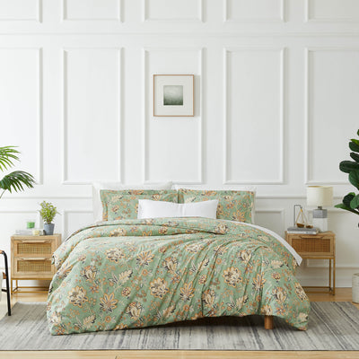 Front View of Jacobean Floral Duvet Cover Set in Green#color_jacobean-floral-green